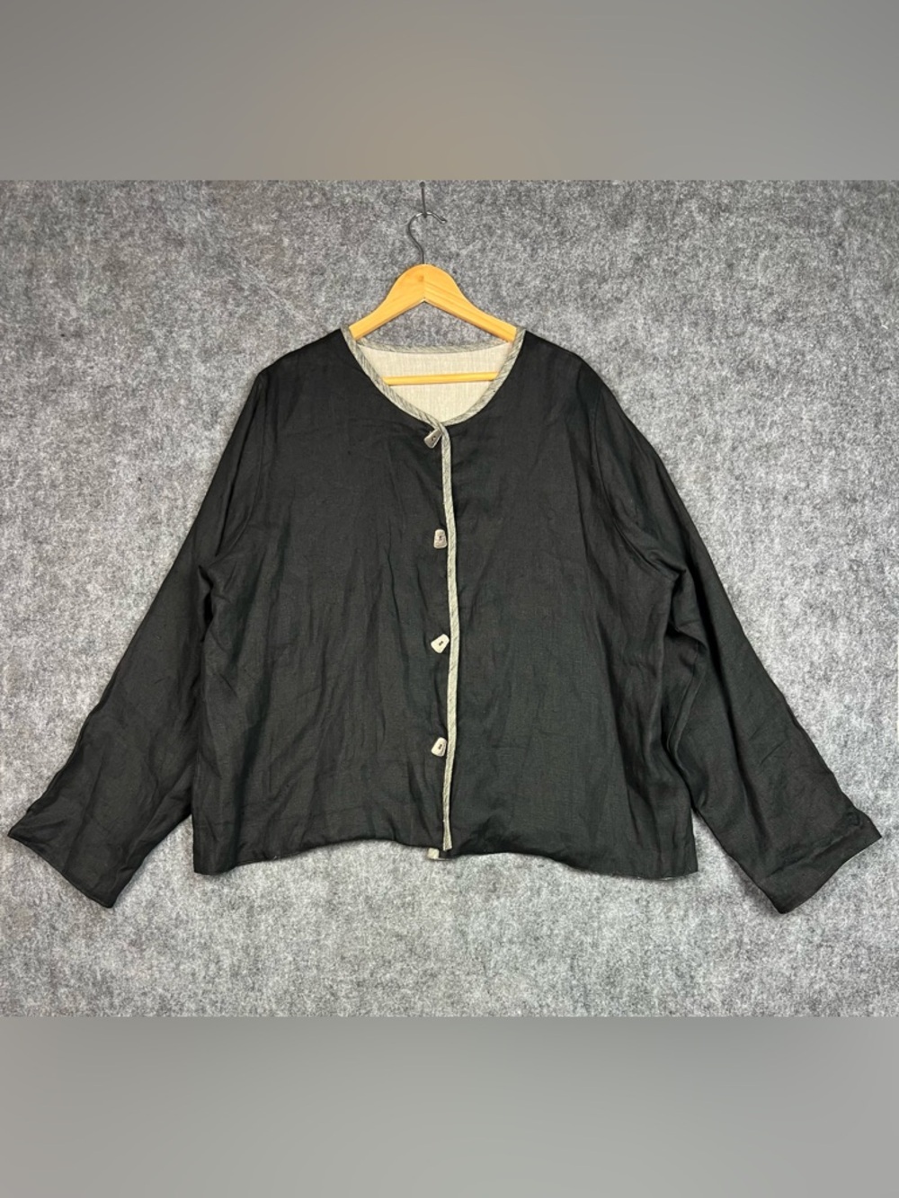 UNBRANDED REVERSIBLE FLAX LINEN BLACK & TAN JACKET W/ METAL BUTTONS Size XL
